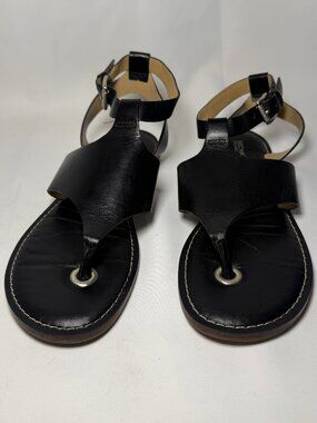 Michael Kors Black Thong Gladiator Sandals Womens 7.5M Leather T8171 Logo EUC